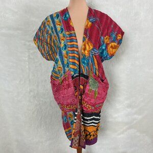 Kantha Bae Open Front Yellow, Red, Blue Green Floral Stitch Jacket Ruana OS